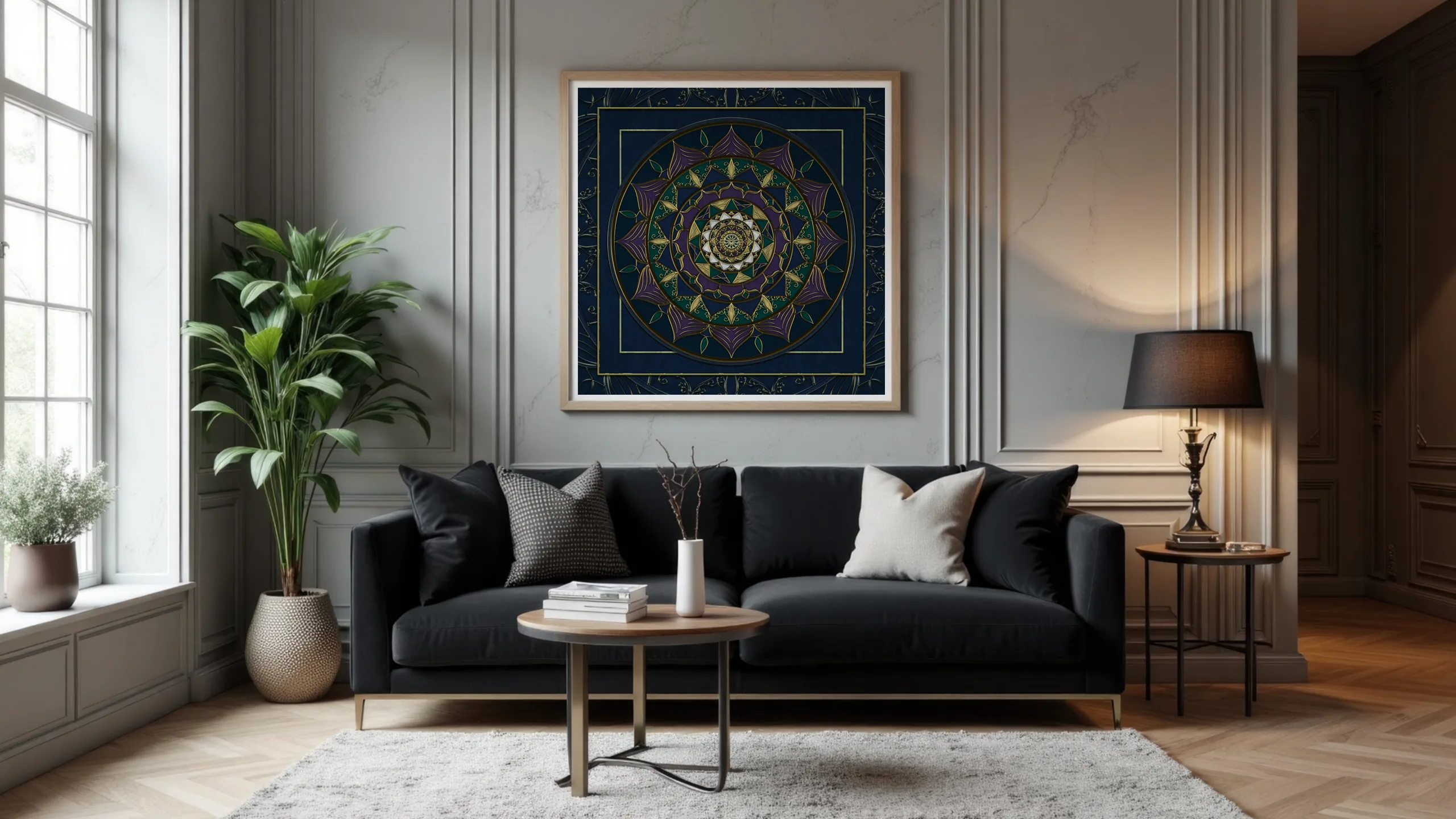Il mandala Ananke appeso in un soggiorno